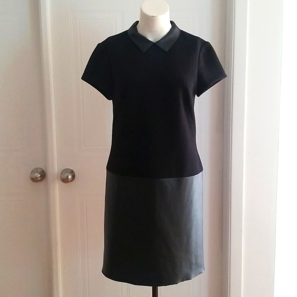 ANN TAYLOR Black Short Sleeves Faux Leather Dress